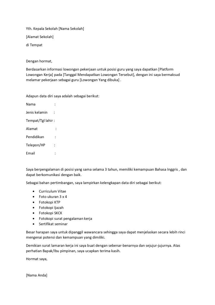 Contoh Surat Lamaran Kerja Guru