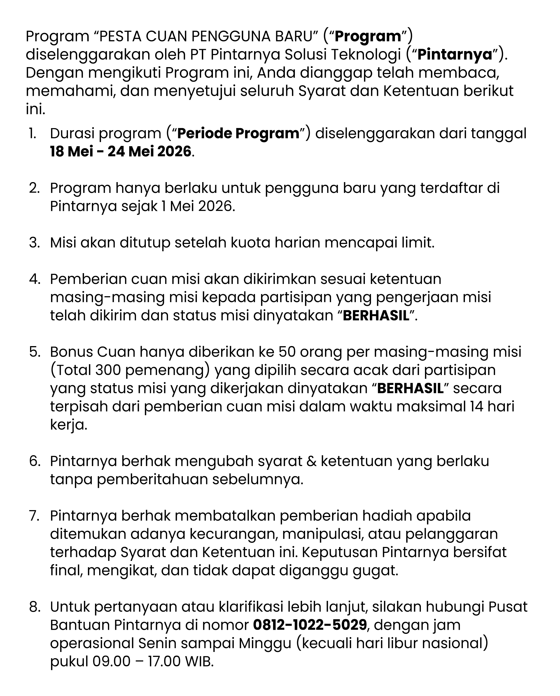 SYARAT DAN KETENTUAN (2) - Pesta Cuan Pengguna Baru